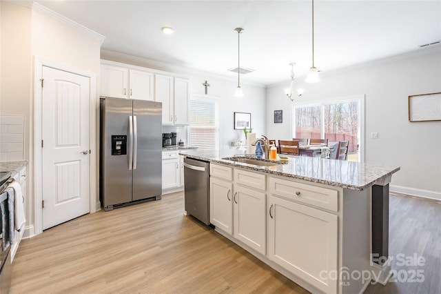 kitchen featuring an island with sink, white cabinetry, appliances with stainless steel finishes, and pendant lighting