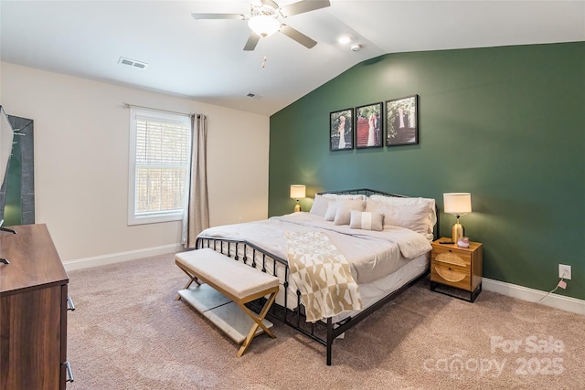 bedroom featuring carpet, lofted ceiling, visible vents, ceiling fan, and baseboards