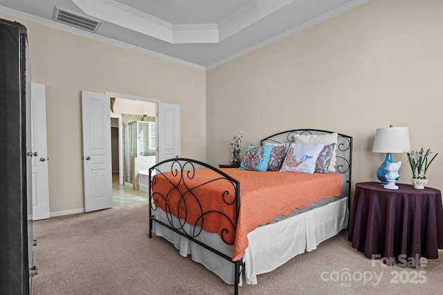 bedroom with baseboards, visible vents, a raised ceiling, carpet, and crown molding