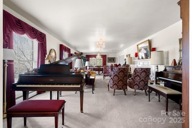 interior space featuring carpet floors, a fireplace, and a notable chandelier