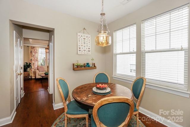 dining room featuring dark wood-type flooring, visible vents, and baseboards