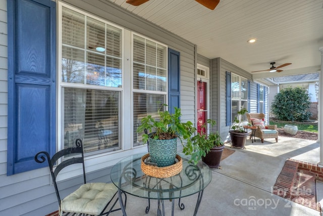 view of patio featuring a porch and a ceiling fan