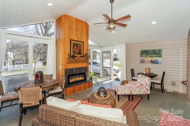 living area featuring a large fireplace, ceiling fan, high vaulted ceiling, and recessed lighting