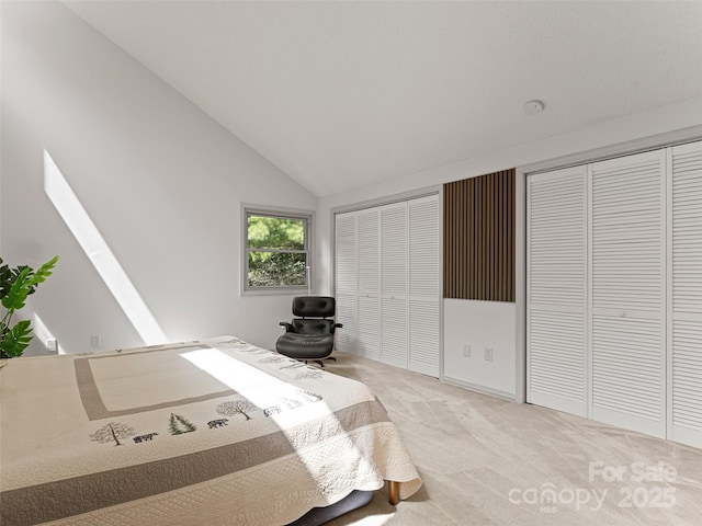 bedroom featuring lofted ceiling, carpet flooring, and multiple closets