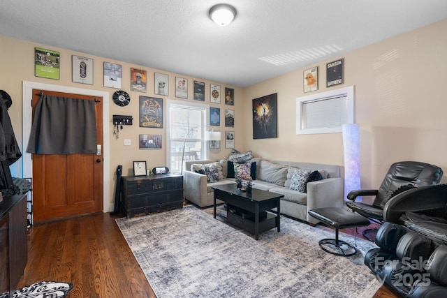 living area with a textured ceiling and dark wood-style flooring