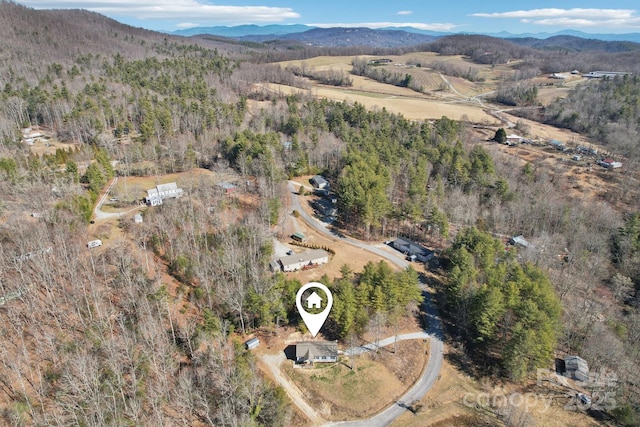 drone / aerial view featuring a mountain view