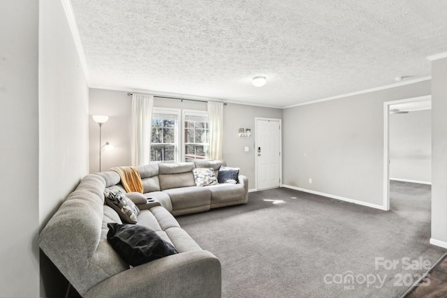 living area featuring baseboards, ornamental molding, dark carpet, and a textured ceiling