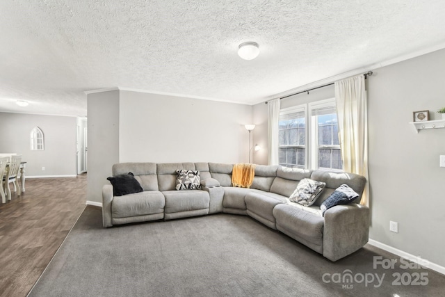 living area with a textured ceiling, baseboards, and wood finished floors