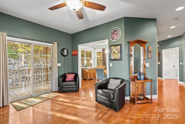 sitting room with recessed lighting, baseboards, ceiling fan, and hardwood / wood-style floors