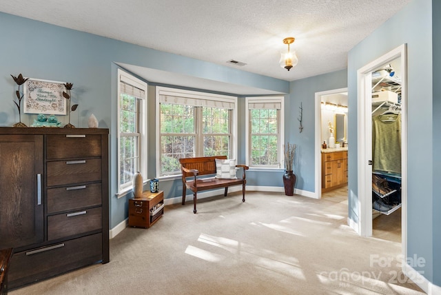 living area featuring light carpet, visible vents, a textured ceiling, and baseboards