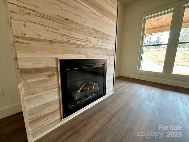 details with a glass covered fireplace, baseboards, and wood finished floors