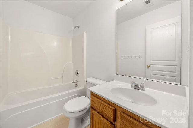 full bathroom featuring visible vents, vanity, toilet, and shower / bathtub combination