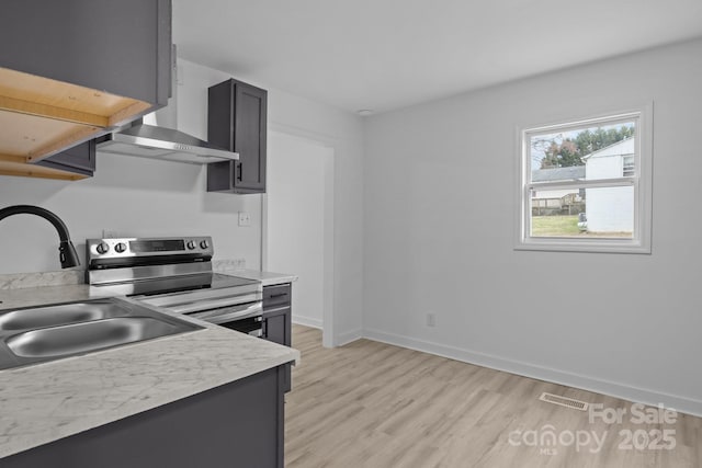 kitchen featuring a sink, visible vents, light countertops, light wood-type flooring, and stainless steel electric range