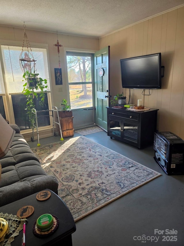 living area featuring crown molding, concrete floors, and a textured ceiling