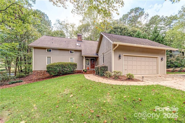 ranch-style home featuring a chimney, a shingled roof, a front yard, a garage, and driveway