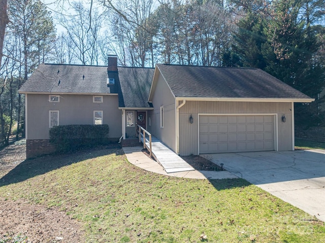 ranch-style home with a garage, driveway, roof with shingles, a chimney, and a front yard