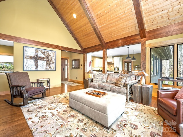 living area with wood finished floors, high vaulted ceiling, wooden ceiling, beamed ceiling, and baseboards