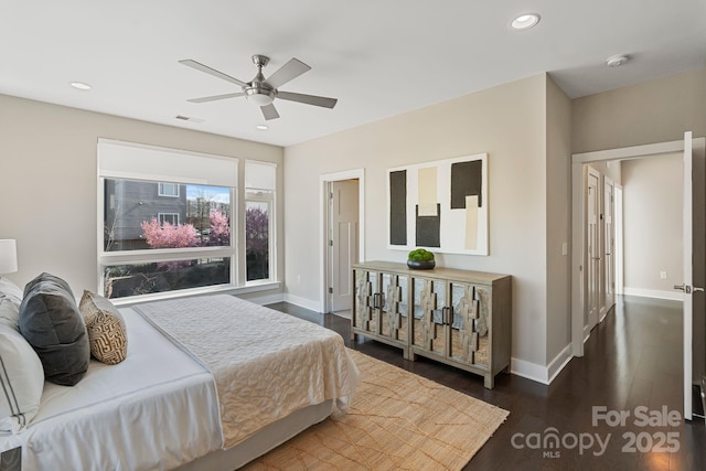 bedroom featuring baseboards, visible vents, a ceiling fan, wood finished floors, and recessed lighting