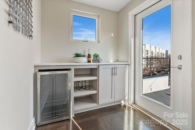 doorway to outside featuring a healthy amount of sunlight, dark wood-style floors, beverage cooler, and a view of city