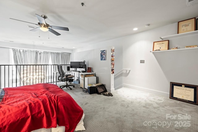 carpeted bedroom with a ceiling fan, recessed lighting, visible vents, and baseboards