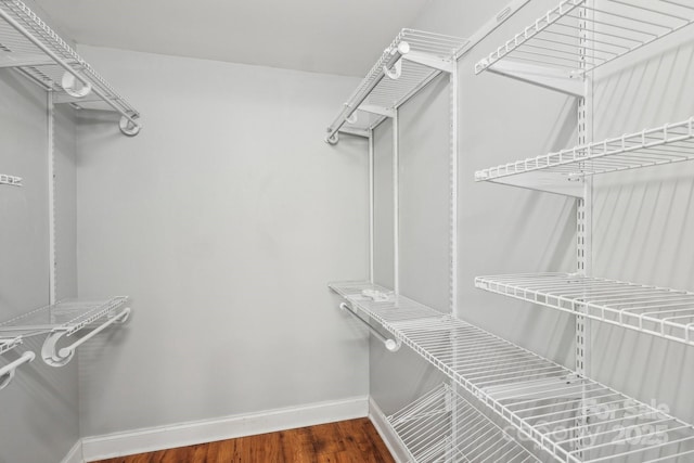 walk in closet with wood finished floors