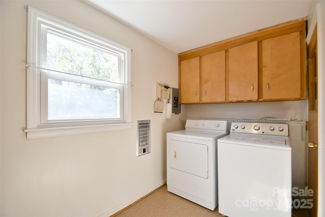 laundry area with electric panel, cabinet space, washer and clothes dryer, and baseboards