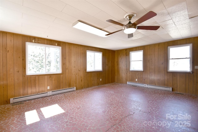 spare room with a baseboard radiator, wood walls, and ceiling fan