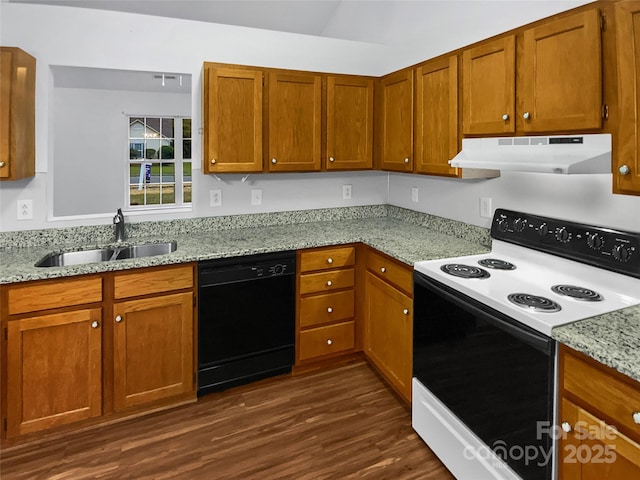 kitchen with black dishwasher, dark wood finished floors, range with electric stovetop, a sink, and under cabinet range hood