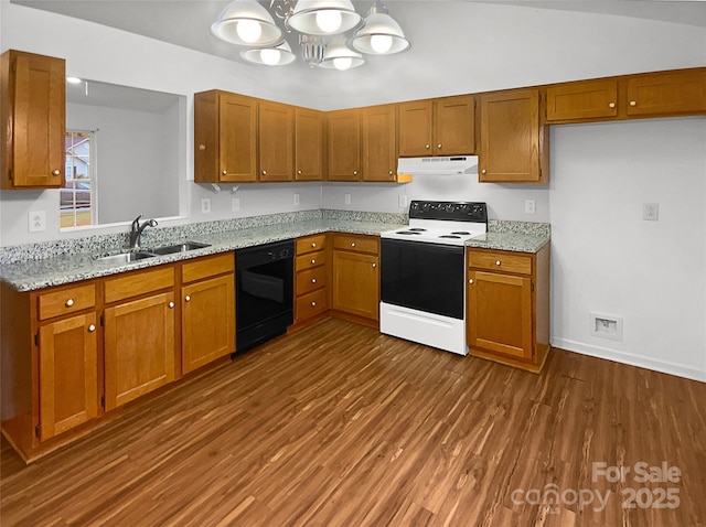 kitchen featuring electric range, a sink, range hood, dishwasher, and brown cabinetry