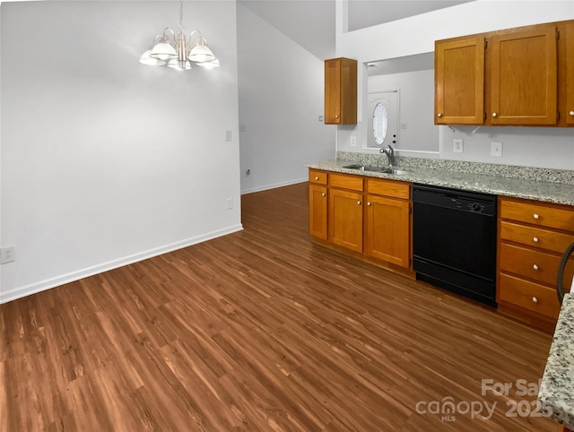 kitchen with a sink, baseboards, black dishwasher, dark wood-style floors, and brown cabinetry