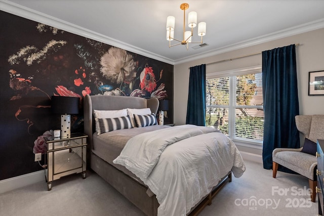 carpeted bedroom with baseboards, ornamental molding, visible vents, and a notable chandelier