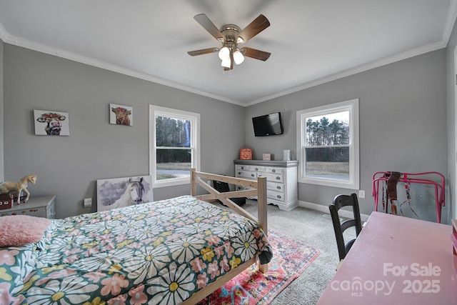 bedroom with carpet floors, ornamental molding, and multiple windows