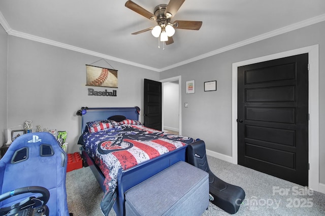 bedroom featuring baseboards, ornamental molding, ceiling fan, and carpet flooring