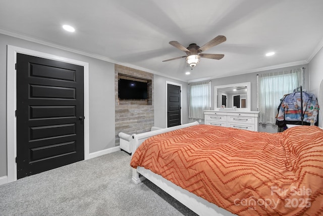 carpeted bedroom featuring baseboards, recessed lighting, a ceiling fan, and crown molding