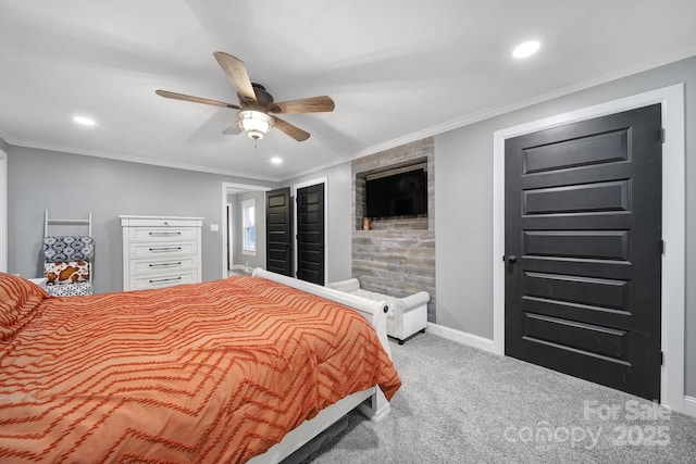 bedroom with ornamental molding, carpet, and baseboards