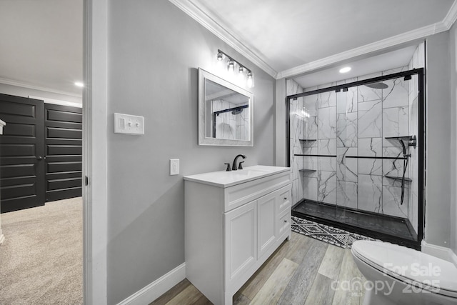 full bath featuring ornamental molding, a stall shower, and toilet