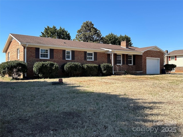 single story home with brick siding, a chimney, an attached garage, and a front yard