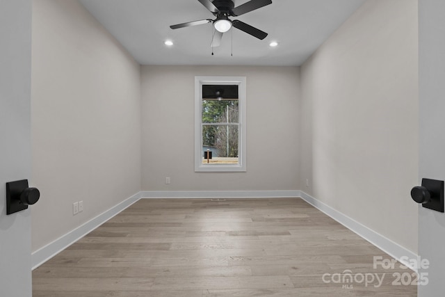 empty room featuring light wood-type flooring, ceiling fan, baseboards, and recessed lighting