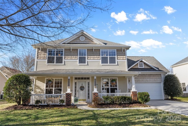 view of front of house featuring a porch, concrete driveway, a front yard, and an attached garage