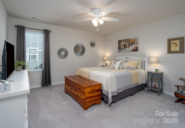 126 W Morehouse Ave, Mooresville, NC 28117 - bedroom with baseboards, visible vents, a ceiling fan, and light colored carpet