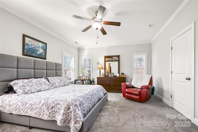 bedroom featuring carpet, multiple windows, and crown molding