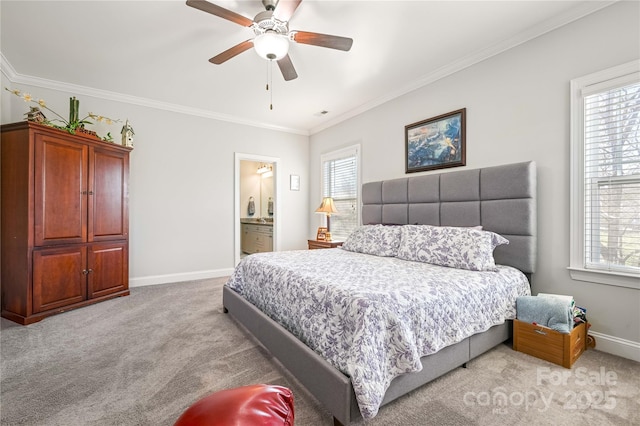 bedroom featuring ornamental molding, light colored carpet, baseboards, and multiple windows