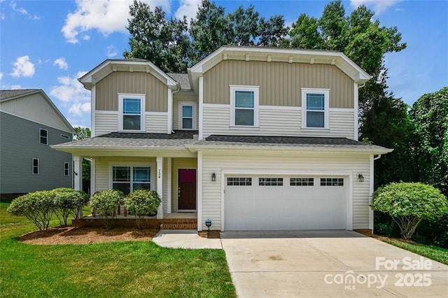 view of front facade with an attached garage, driveway, a front lawn, and board and batten siding