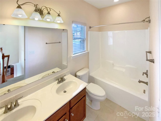 full bathroom with bathtub / shower combination, a sink, toilet, and double vanity