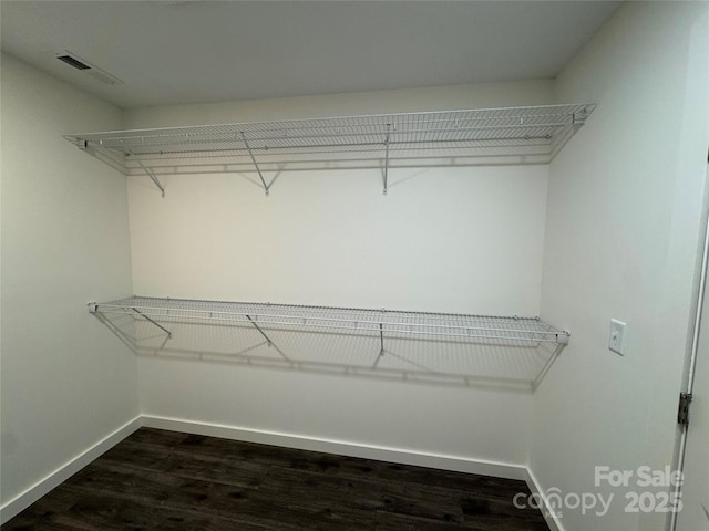 spacious closet featuring visible vents and dark wood-style flooring