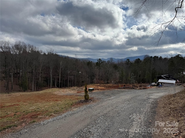 view of road featuring gravel driveway, a mountain view, and a view of trees