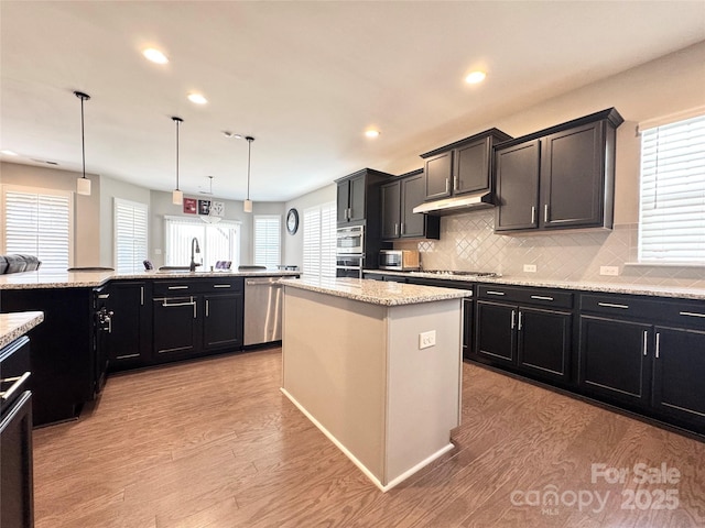 kitchen with light wood finished floors, appliances with stainless steel finishes, a kitchen island, a sink, and under cabinet range hood