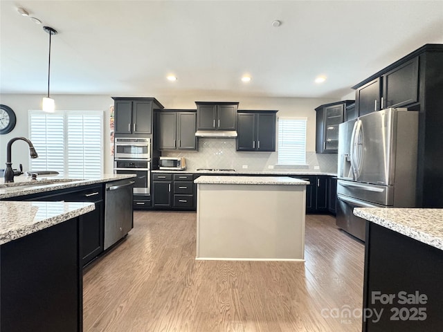 kitchen featuring under cabinet range hood, light wood-style flooring, appliances with stainless steel finishes, and a sink