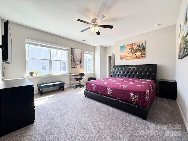 bedroom featuring carpet, visible vents, ceiling fan, and baseboards