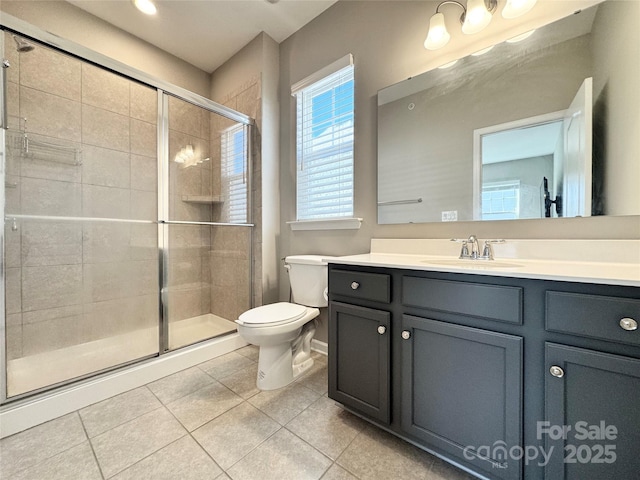 bathroom featuring tile patterned flooring, a shower stall, toilet, and vanity